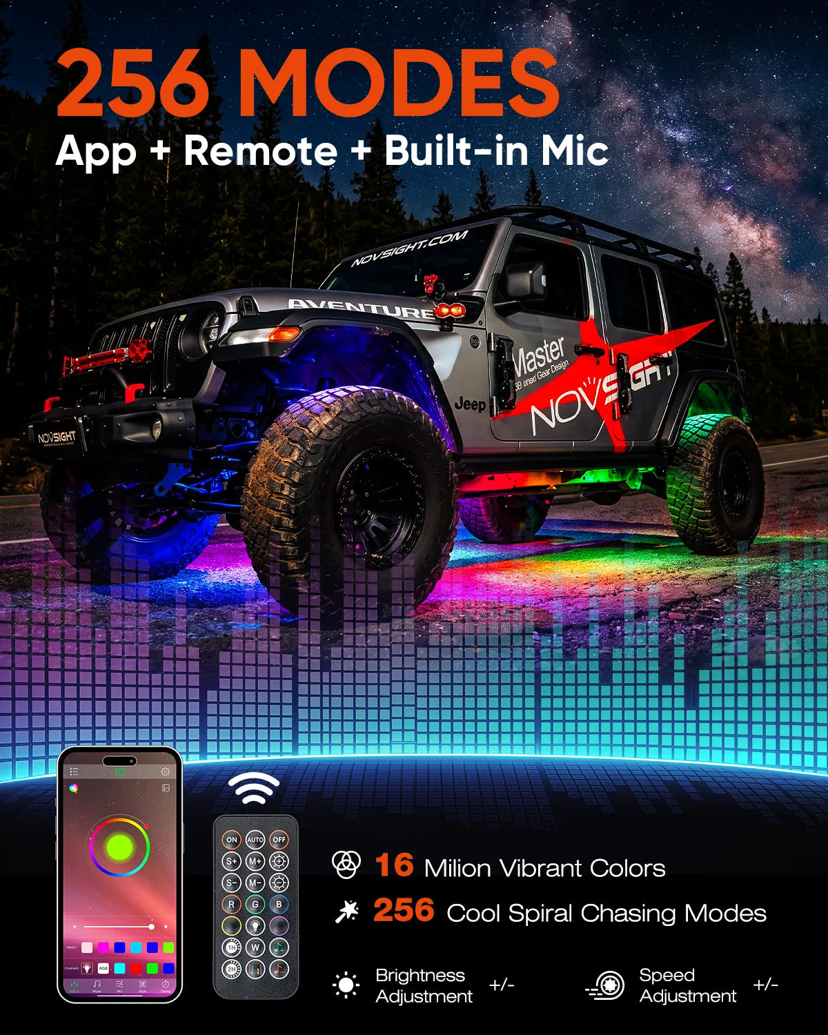 256 dynamic underglow modes controlled by app and RF remote with a built-in mic