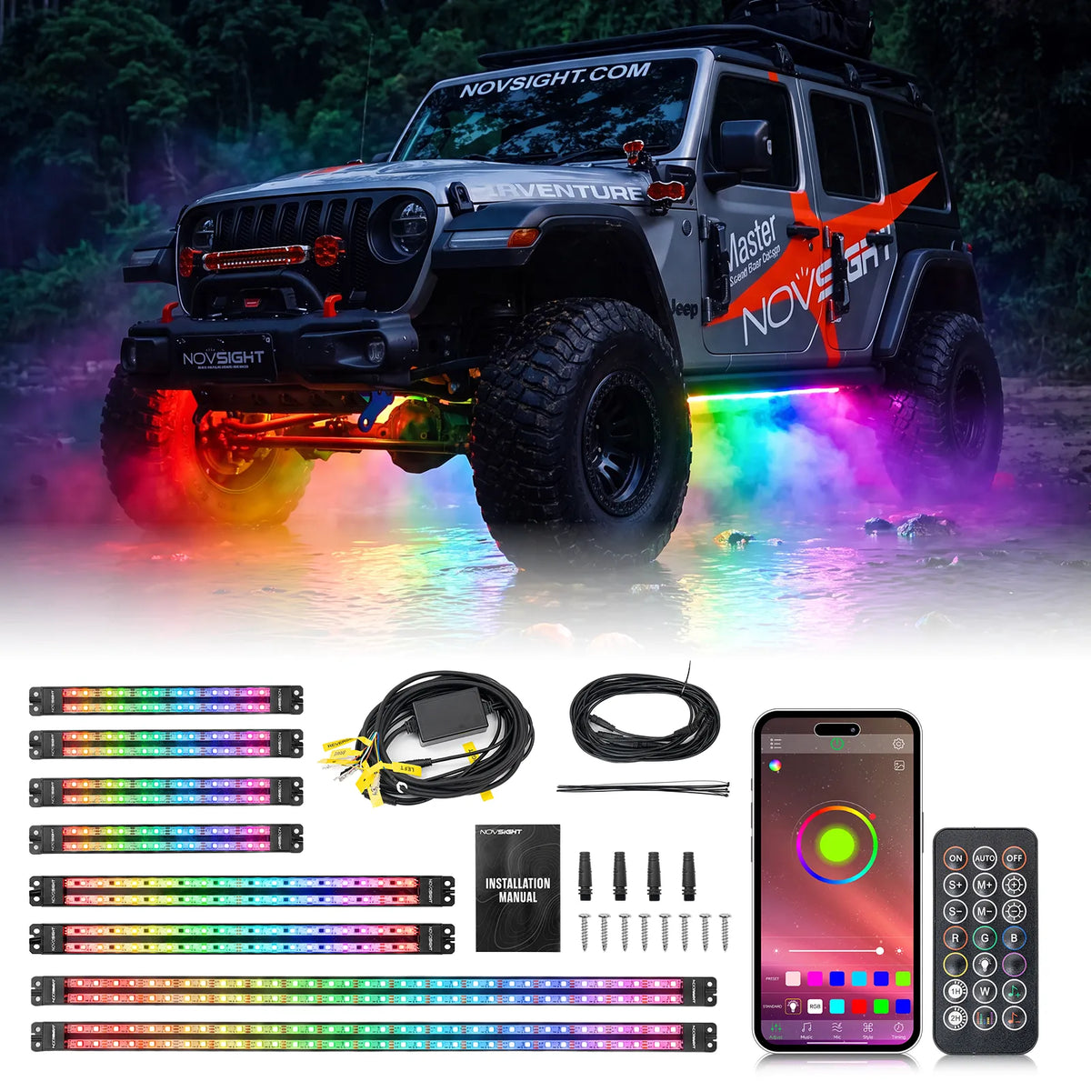 Complete MagicCarpet underglow kit with light modules, control box, remote and app