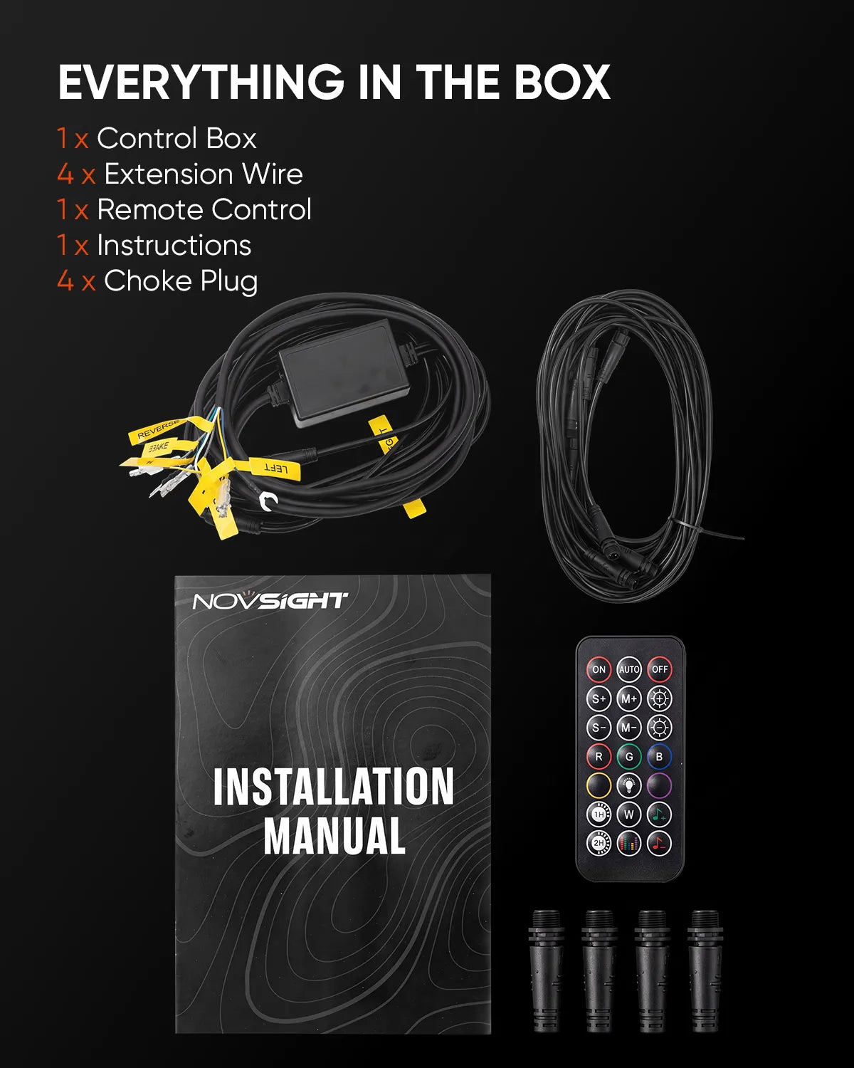 6A underglow control box packed with extension wires, remote and end caps