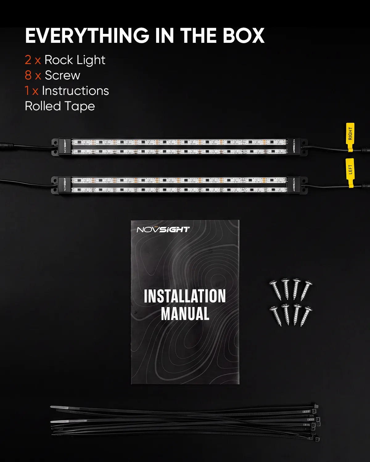 Underglow module pair packaged with screws, straps and instructions