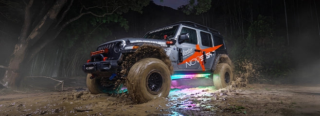 Jeep Wrangler in mud and water with IP68 RGB underglow still running