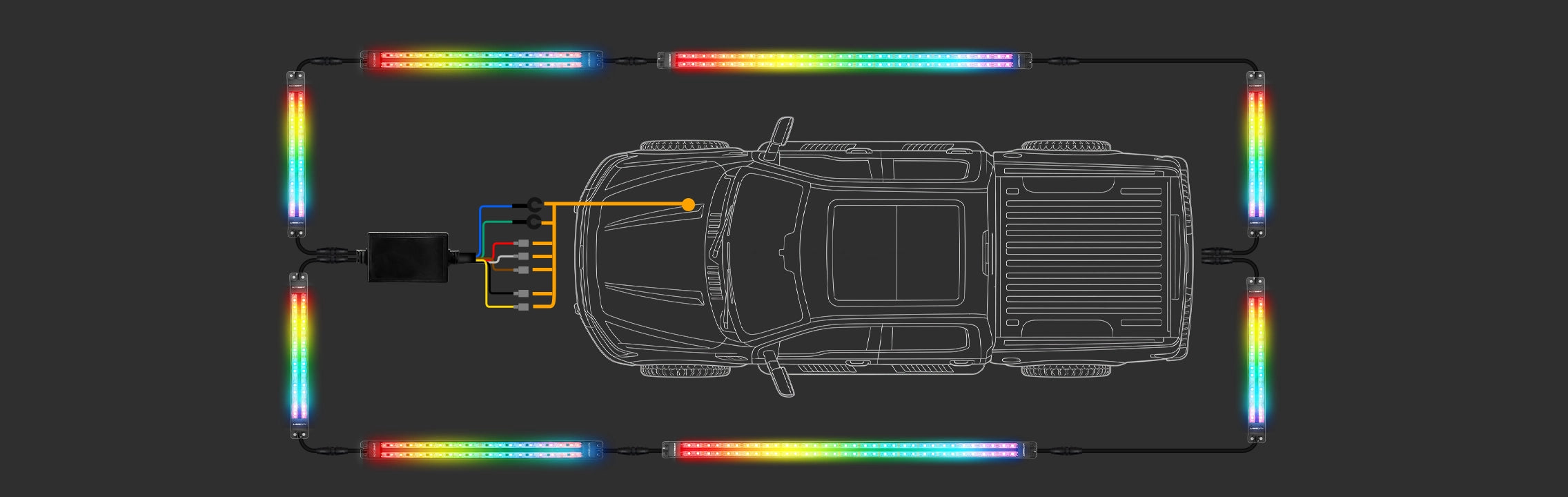 Underglow wiring diagram showing the control box, chained light modules and extension leads